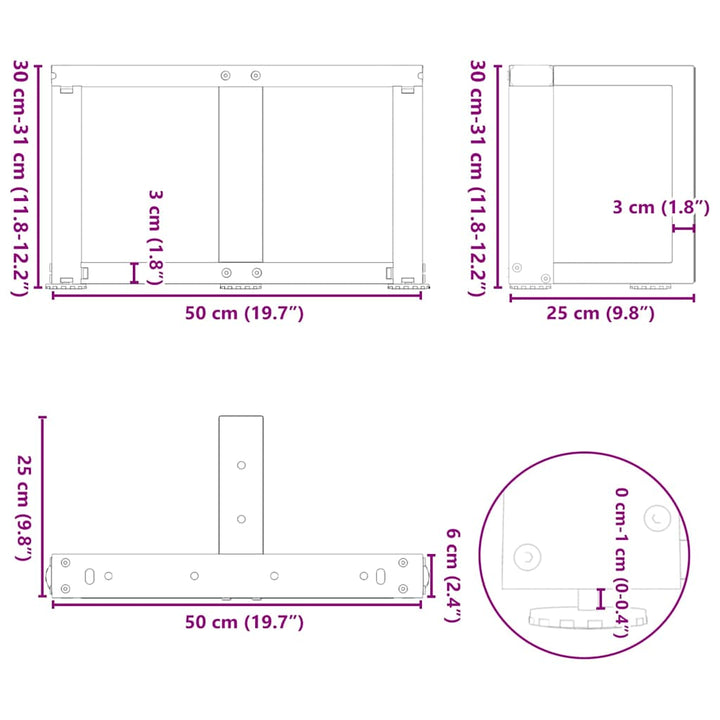 sofabordsben T-formet 2 stk. antracit 50x25x(30-31) cm stål