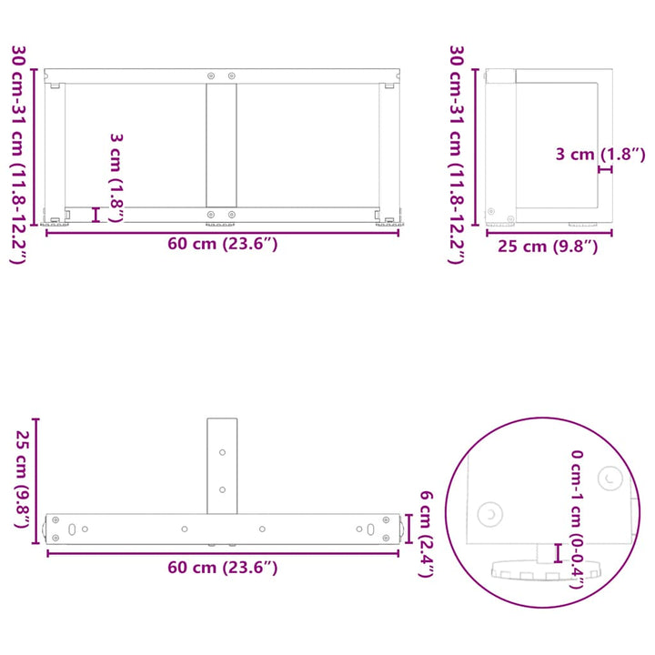 sofabordsben T-formet 2 stk. sort 60x25x(30-31) cm stål