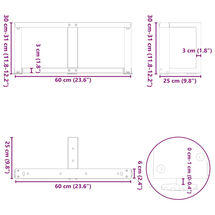 sofabordsben T-formet 2 stk. hvid 60x25x(30-31) cm stål
