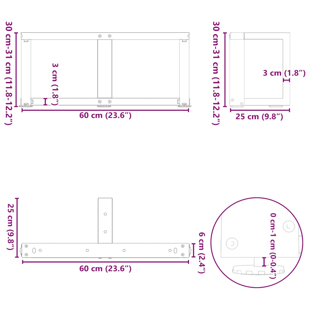 sofabordsben T-formet 2 stk. antracit 60x25x(30-31) cm stål
