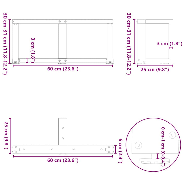 sofabordsben T-formet 2 stk. antracit 60x25x(30-31) cm stål