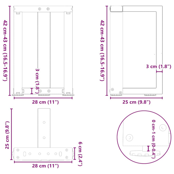 sofabordsben T-formet 2 stk. sort 28x25x(42-43) cm stål