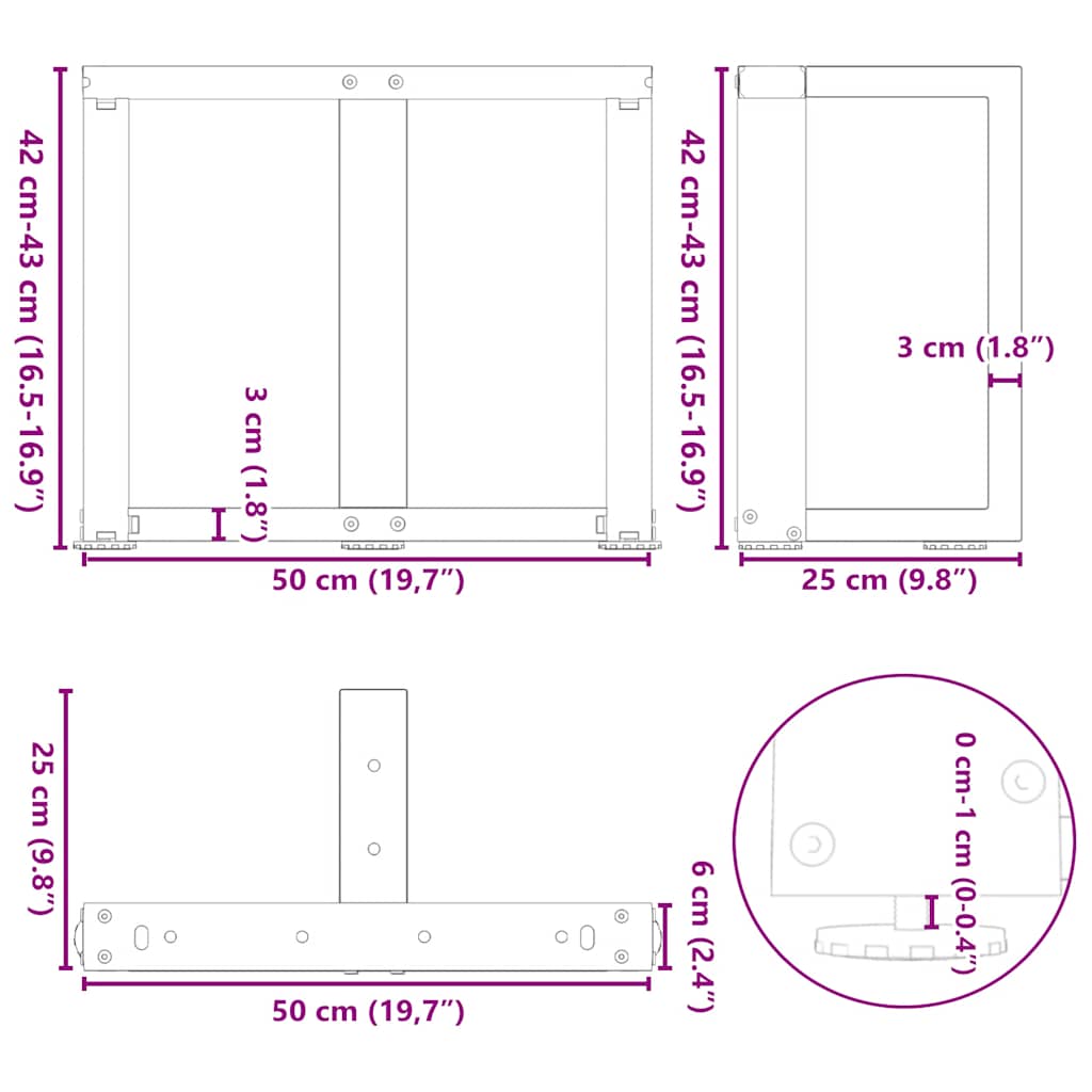 sofabordsben T-formet 2 stk. hvid 50x25x(42-43) cm stål
