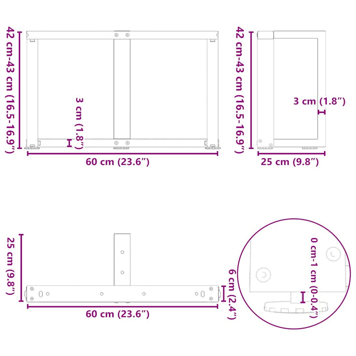 sofabordsben T-formet 2 stk. hvid 60x25x(42-43) cm stål