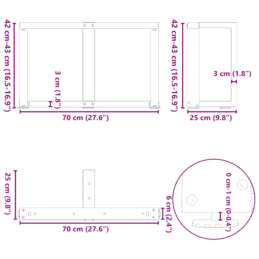 sofabordsben T-formet 2 stk. hvid 70x25x(42-43) cm stål
