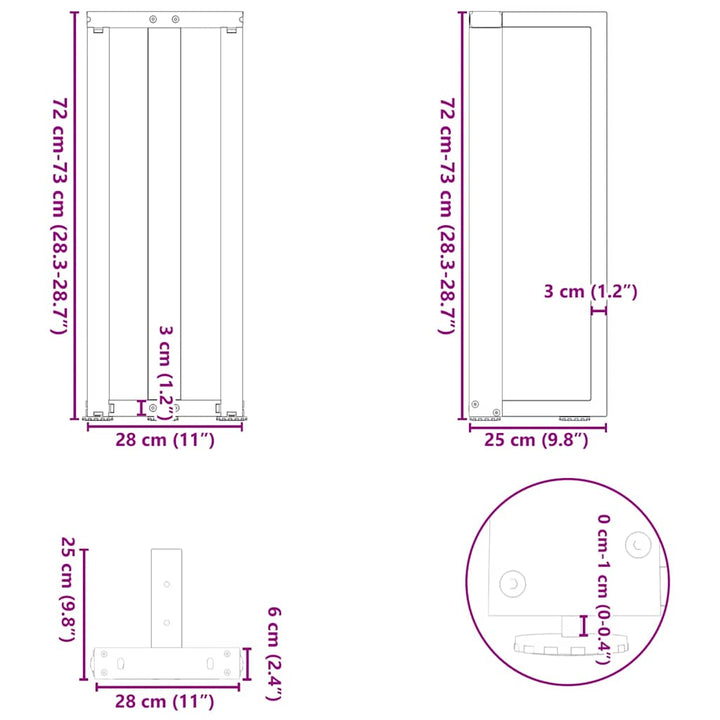 konsolbordben T-formet 2 stk. hvid 25x28x(72-73) cm stål