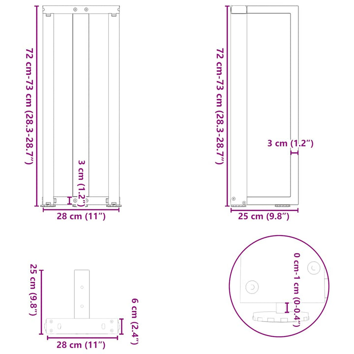 konsolbordben T-formet 2 stk. sort 25x28x(72-73) cm stål