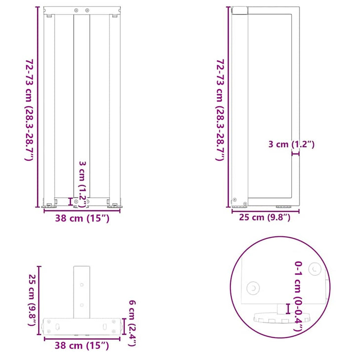 konsolbordben T-formet 2 stk. sort 38x25x(72-73) cm stål
