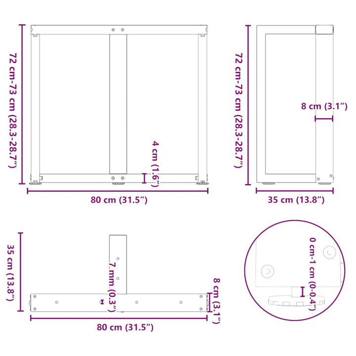 spisebordsben T-formet 2 stk. hvid 80x35x(72-73) cm stål