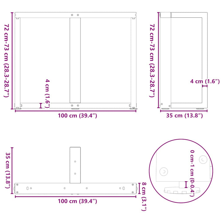 spisebordsben T-formet 2 stk. antracit 100x35x(72-73) cm stål