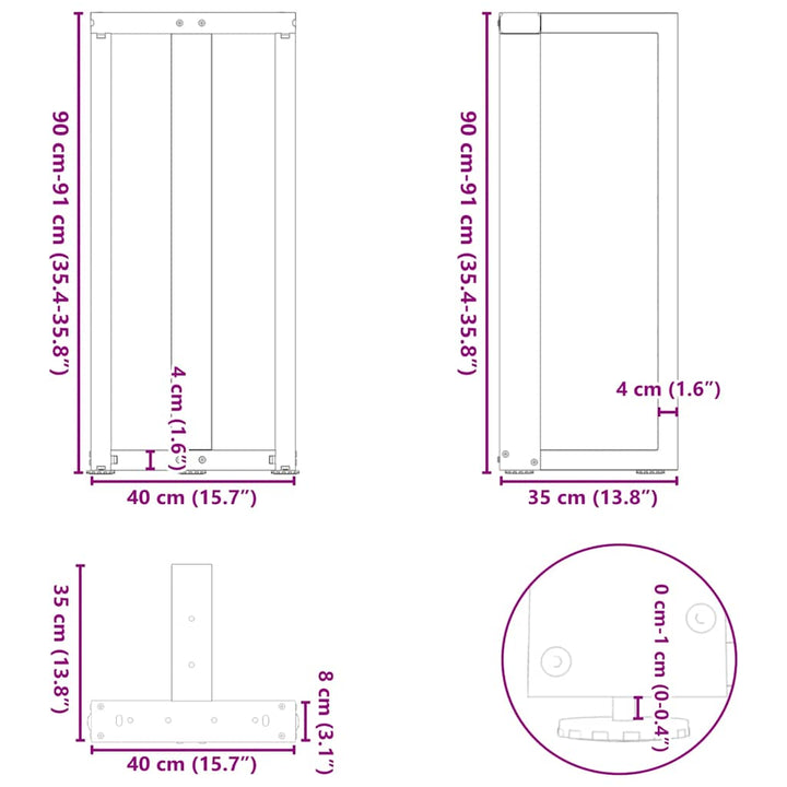 barbordsben T-formet 2 stk. antracit 40x35x(90-91) cm stål