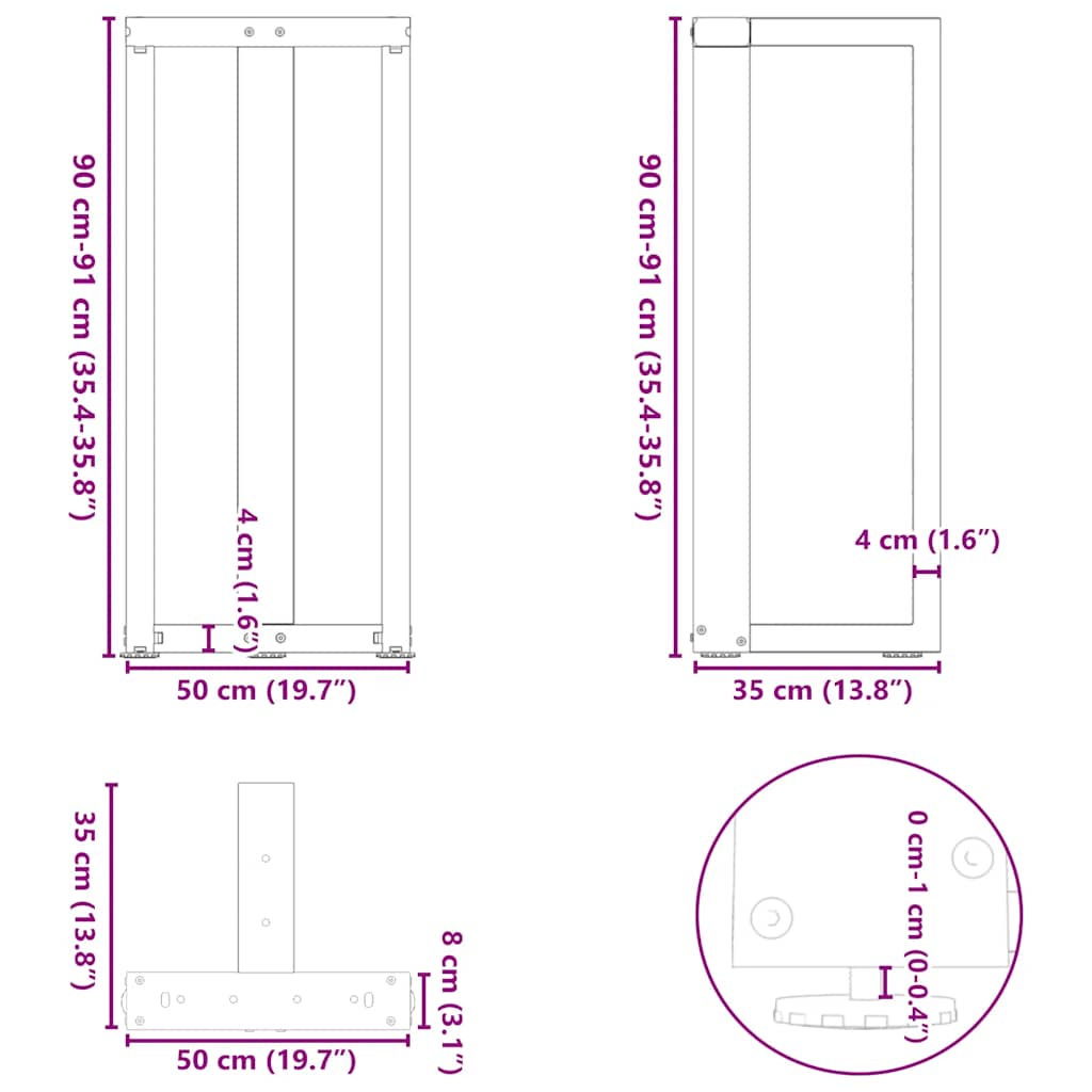barbordsben T-formet 2 stk. sort 50x35x(90-91) cm stål