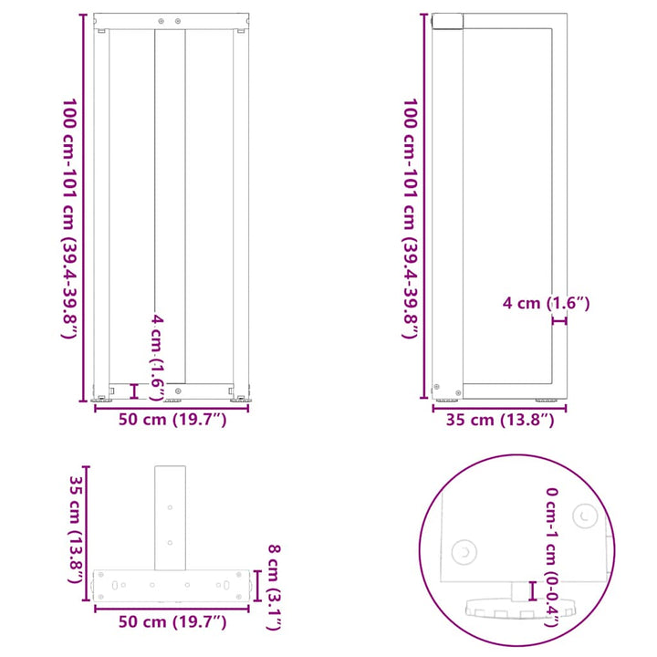 barbordsben T-formet 2 stk. sort 50x35x(100-101) cm stål