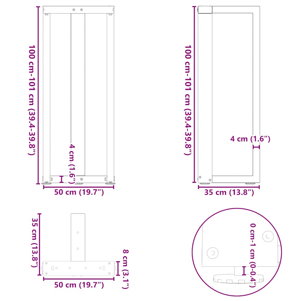 barbordsben T-formet 2 stk. hvid 50x35x(100-101) cm stål