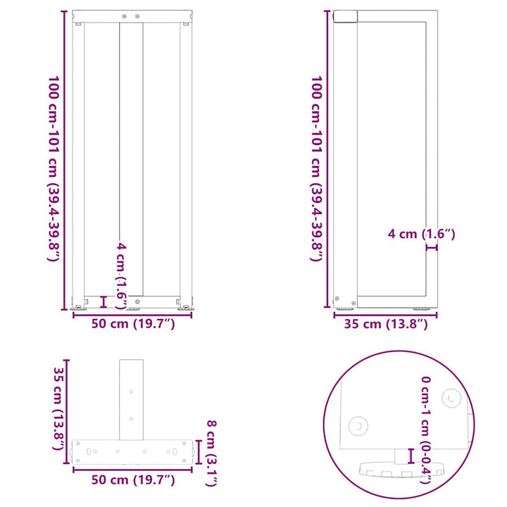 barbordsben T-formet 2 stk. sort 50x35x(100-101) cm stål