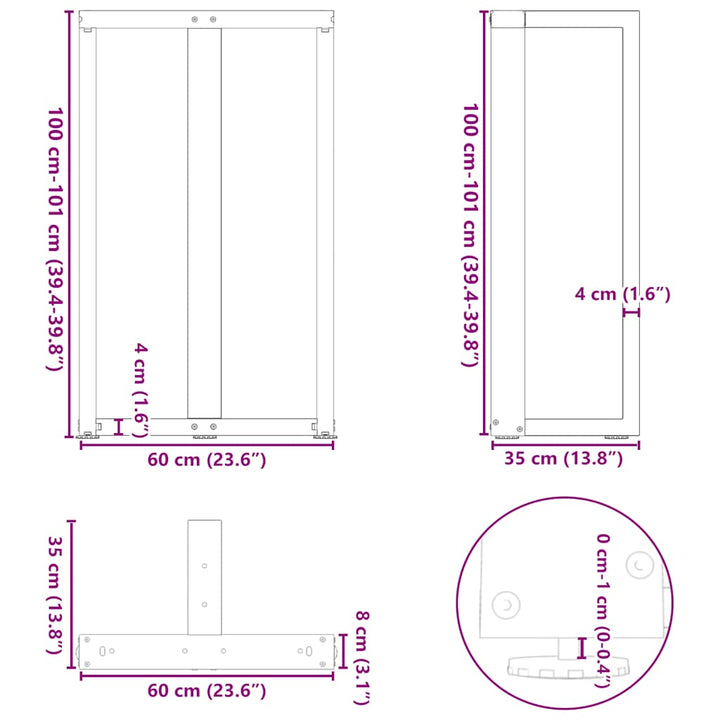 barbordsben T-formet 2 stk. sort 60x35x(100-101) cm stål