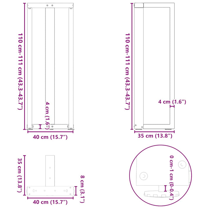 barbordsben T-formet 2 stk. sort 40x35x(110-111) cm stål