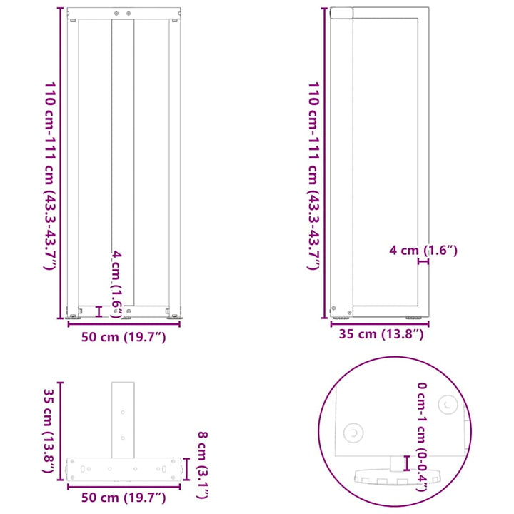 barbordsben T-formet 2 stk. hvid 50x35x(110-111) cm stål