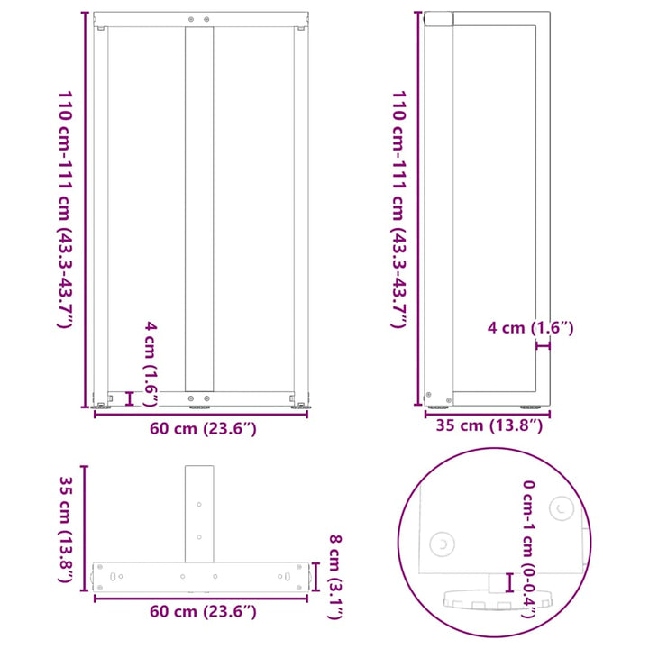 barbordsben T-formet 2 stk. hvid 60x35x(110-111) cm stål