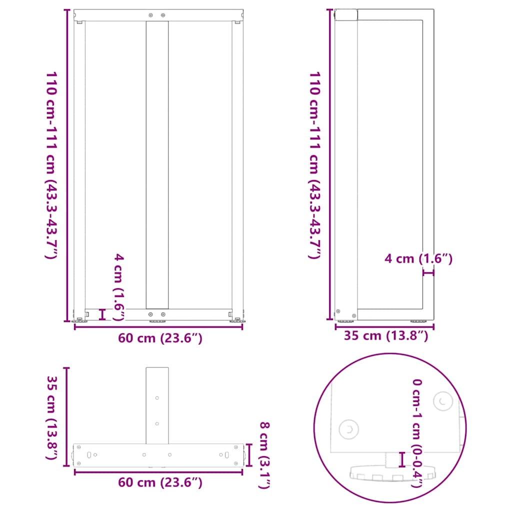 barbordsben T-formet 2 stk. antracit 60x35x(110-111) cm stål
