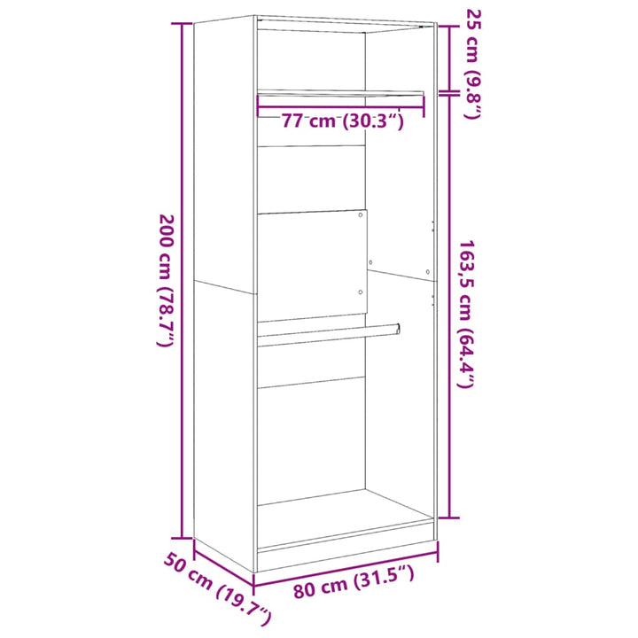 klædeskab 80x50x200 cm konstrueret træ røget egetræsfarve