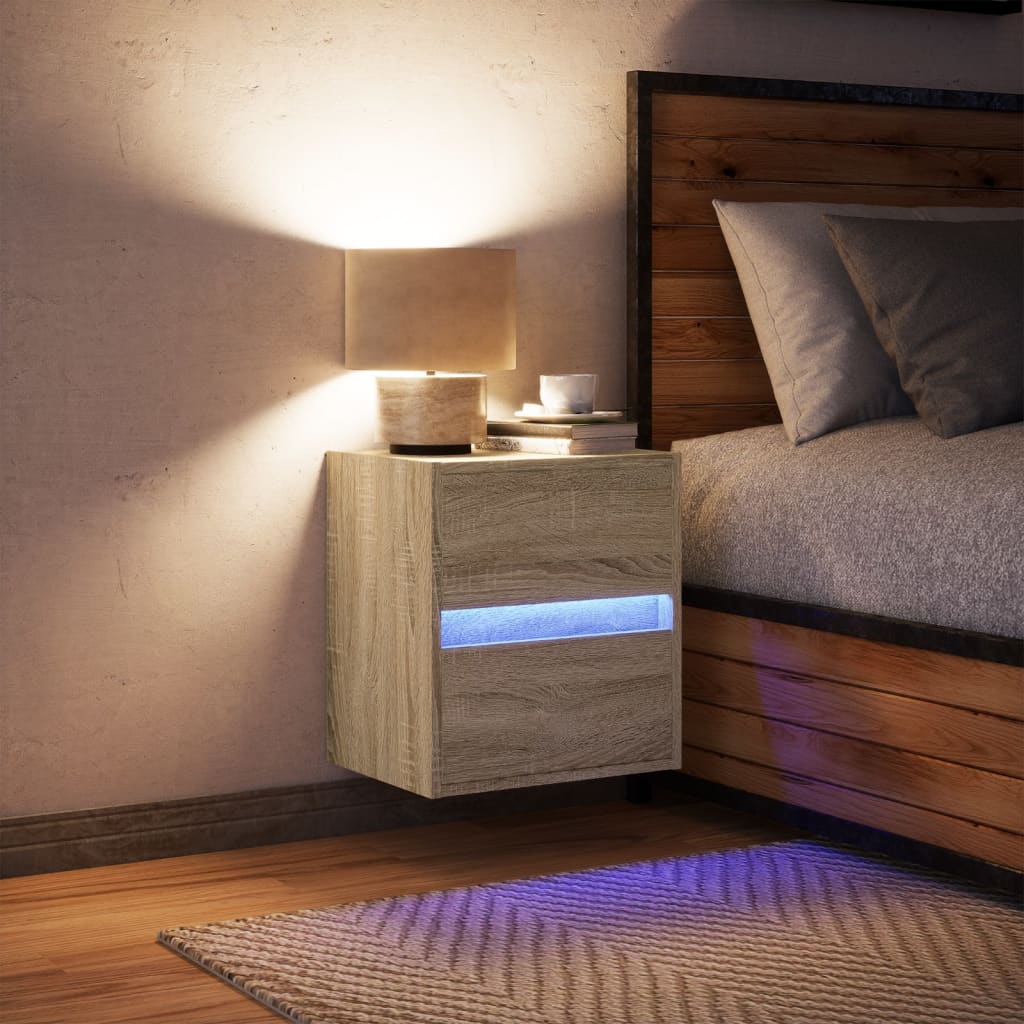 væghængt sengebord med LED-lys sonoma-eg