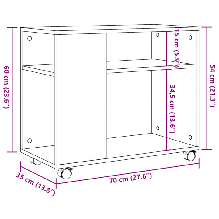 sidebord med hjul 70x35x60 cm konstrueret træ sonoma-eg