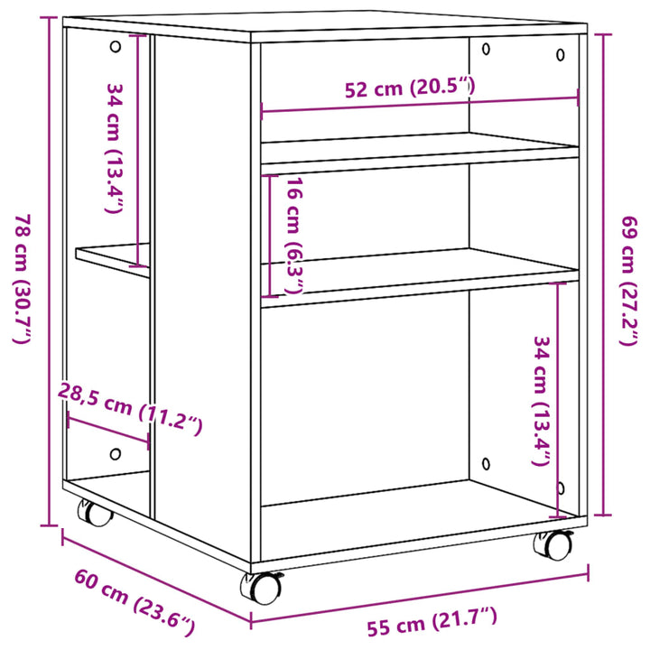sidebord med hjul 55x60x78 cm konstrueret træ sonoma-eg