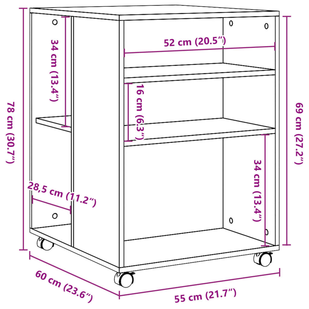 sidebord med hjul 55x60x78 cm konstrueret træ betongrå
