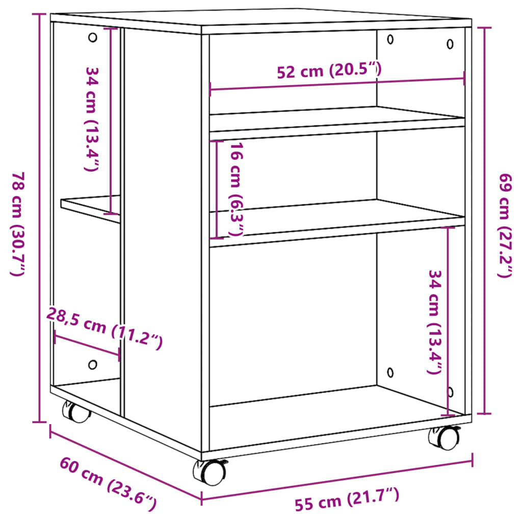 sidebord med hjul 55x60x78 cm konstrueret træ røget egetræ