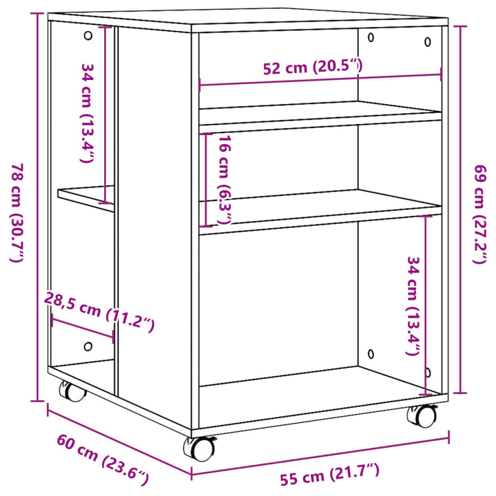 sidebord med hjul 55x60x78 cm konstrueret træ røget egetræ