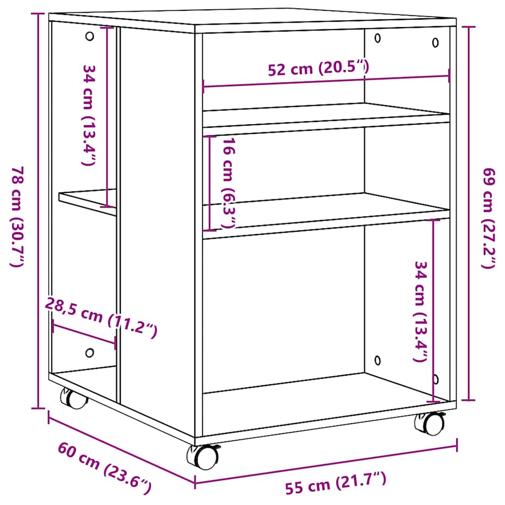 sidebord med hjul 55x60x78 cm konstrueret træ brunt egetræ