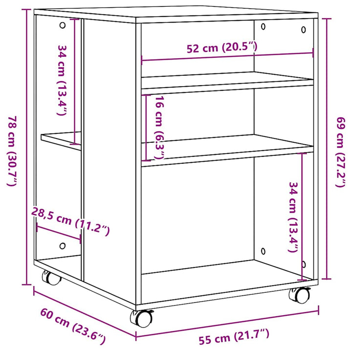 sidebord med hjul 55x60x78 cm konstrueret træ brunt egetræ