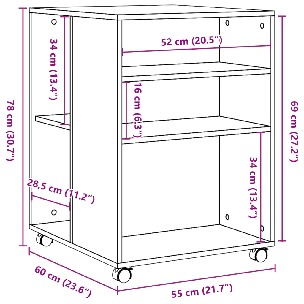 sidebord med hjul 55x60x78 cm konstrueret træ gammelt trælook