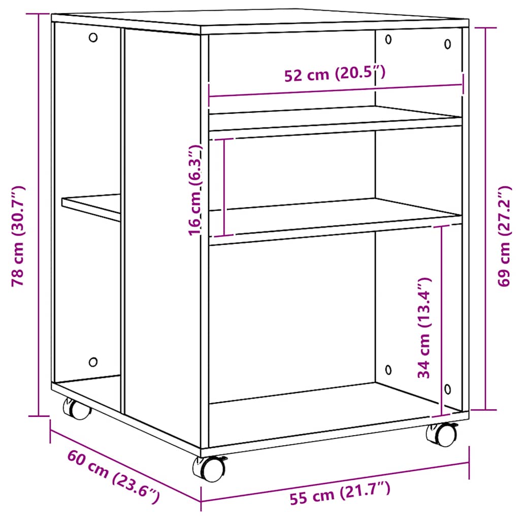 sidebord med hjul 55x60x78 cm konstrueret træ egetræsfarve