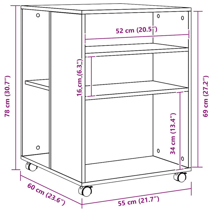 sidebord med hjul 55x60x78 cm konstrueret træ egetræsfarve