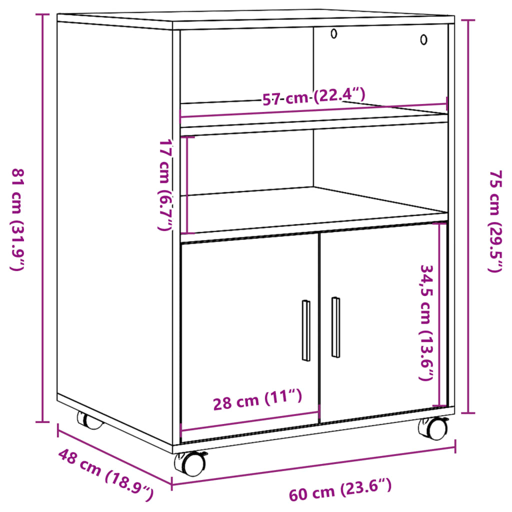 rullebord 60x48x81 cm konstrueret træ brun egetræsfarve