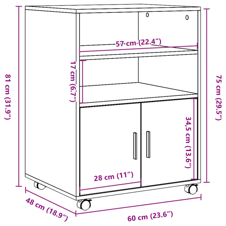 rullebord 60x48x81 cm konstrueret træ brun egetræsfarve
