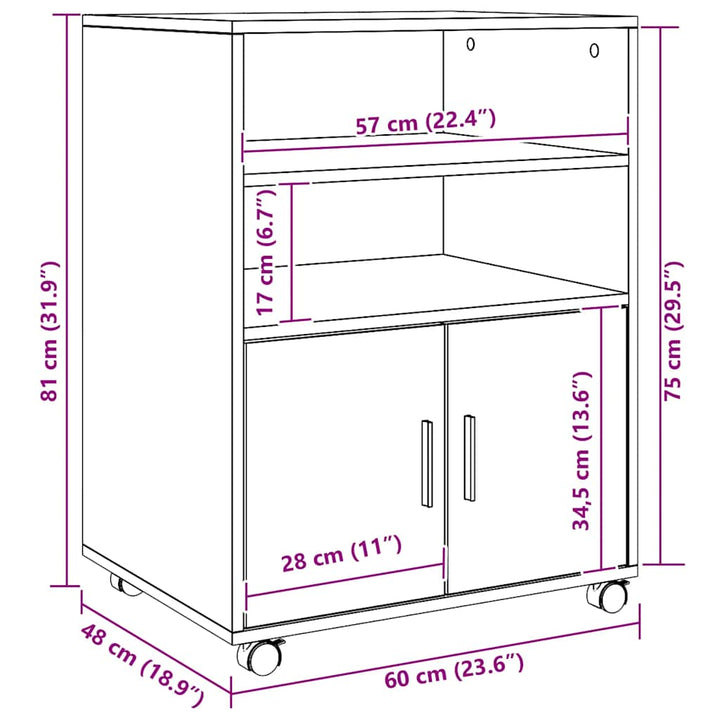 rullebord 60x48x81 cm konstrueret træ egetræsfarve