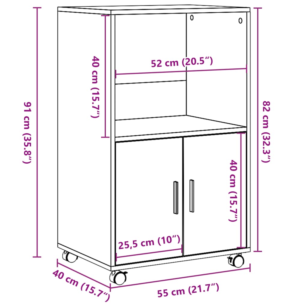 rullebord 55x40x91 cm konstrueret træ egetræsfarve