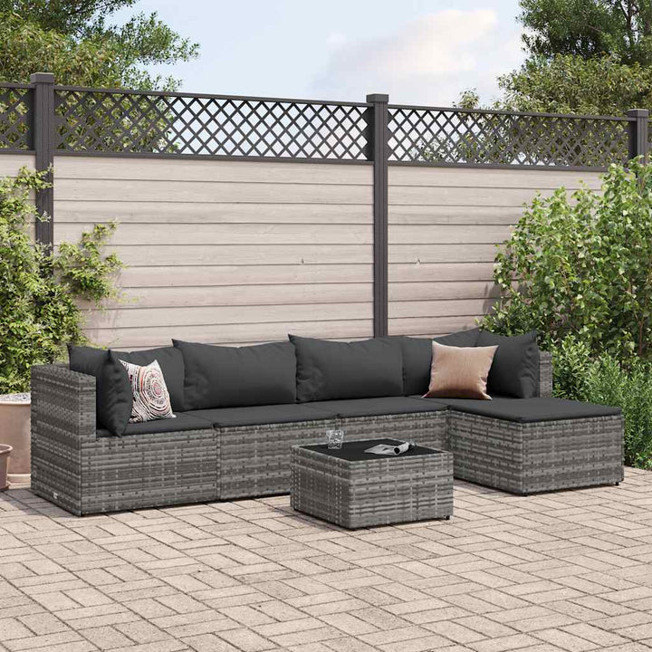 loungesæt til haven 6 dele med hynder polyrattan grå