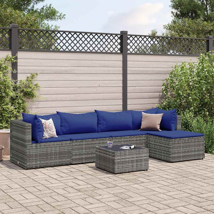 loungesæt til haven 6 dele med hynder polyrattan grå