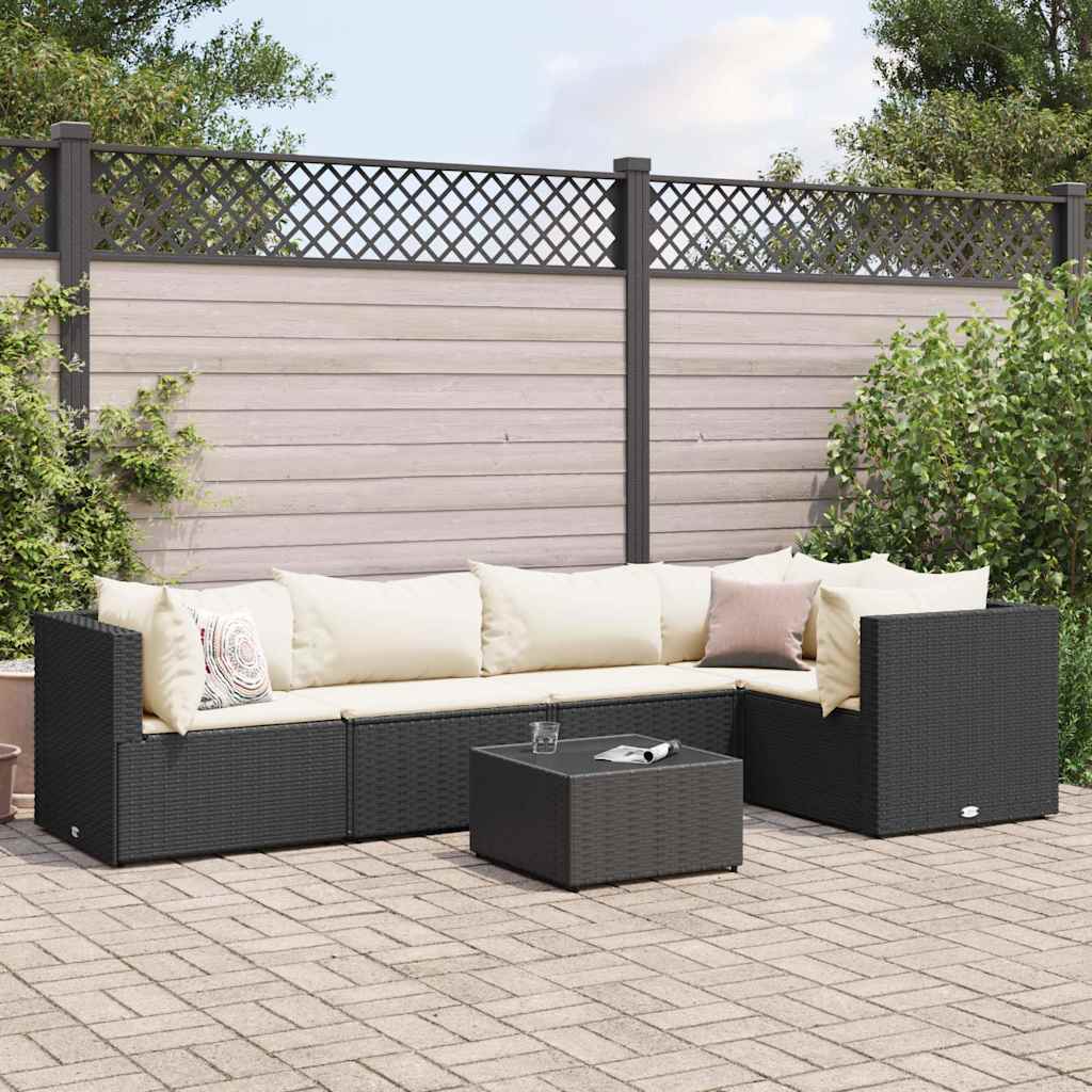loungesæt til haven 6 dele med hynder polyrattan sort