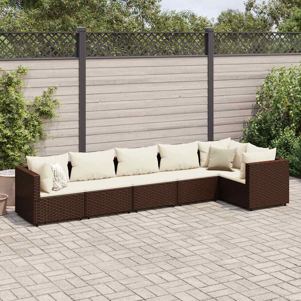 loungesæt til haven 6 dele med hynder polyrattan brun