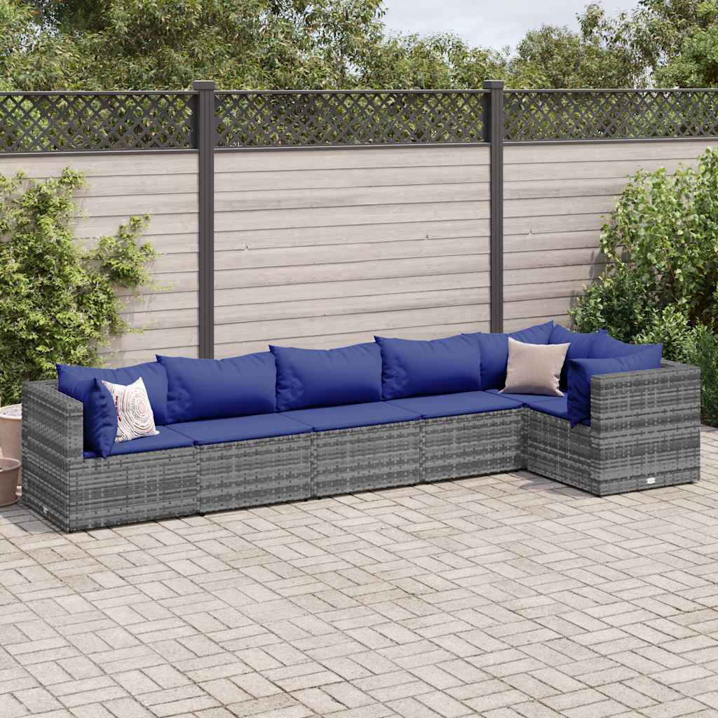 loungesæt til haven 6 dele med hynder polyrattan grå