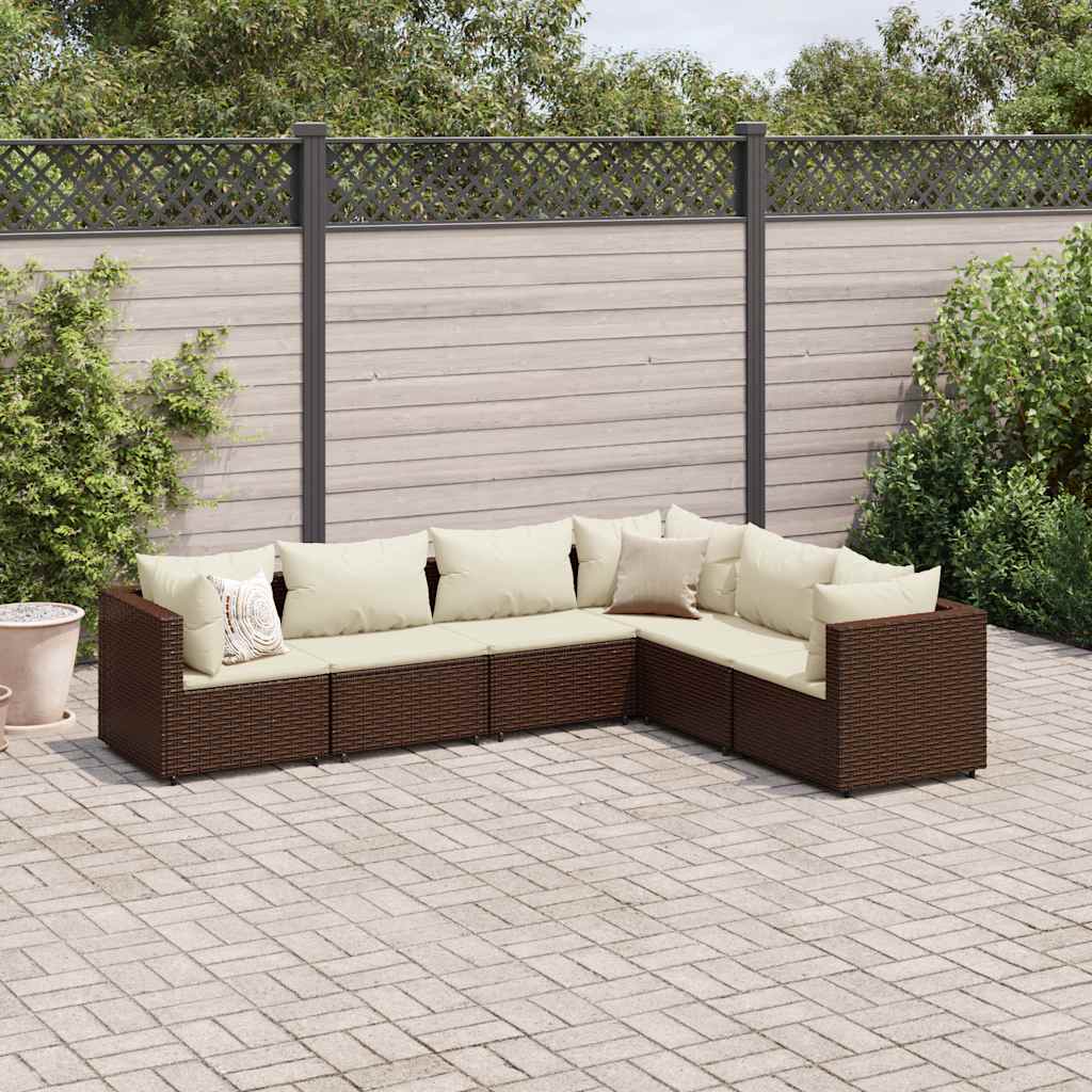loungesæt til haven 6 dele med hynder polyrattan brun