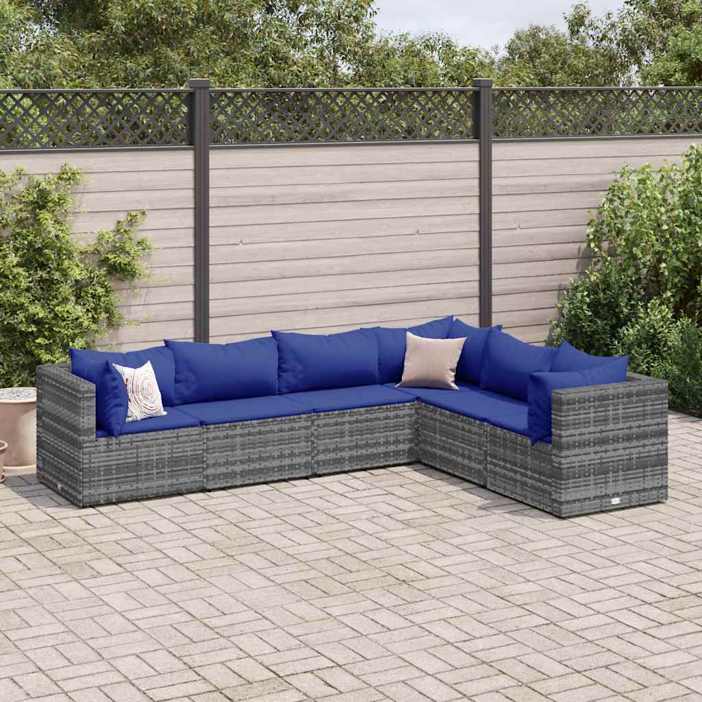 loungesæt til haven 6 dele med hynder polyrattan grå
