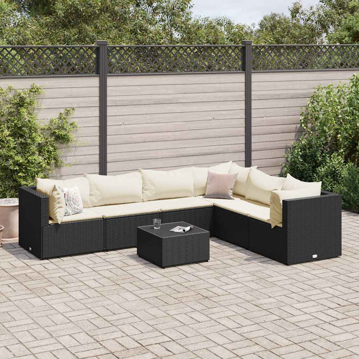 loungesæt til haven 7 dele med hynder polyrattan sort