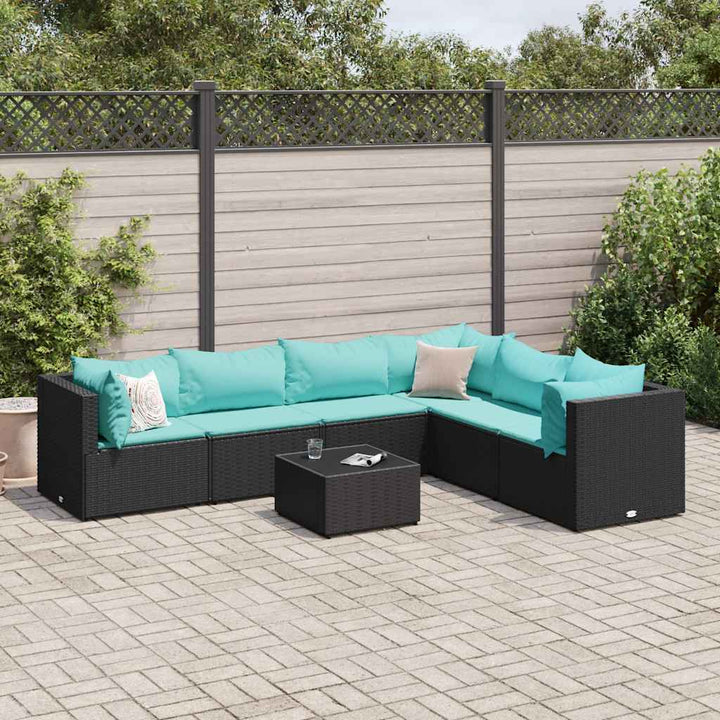 loungesæt til haven 7 dele med hynder polyrattan sort