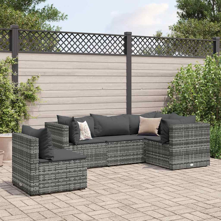 loungesæt til haven 5 dele med hynder polyrattan grå